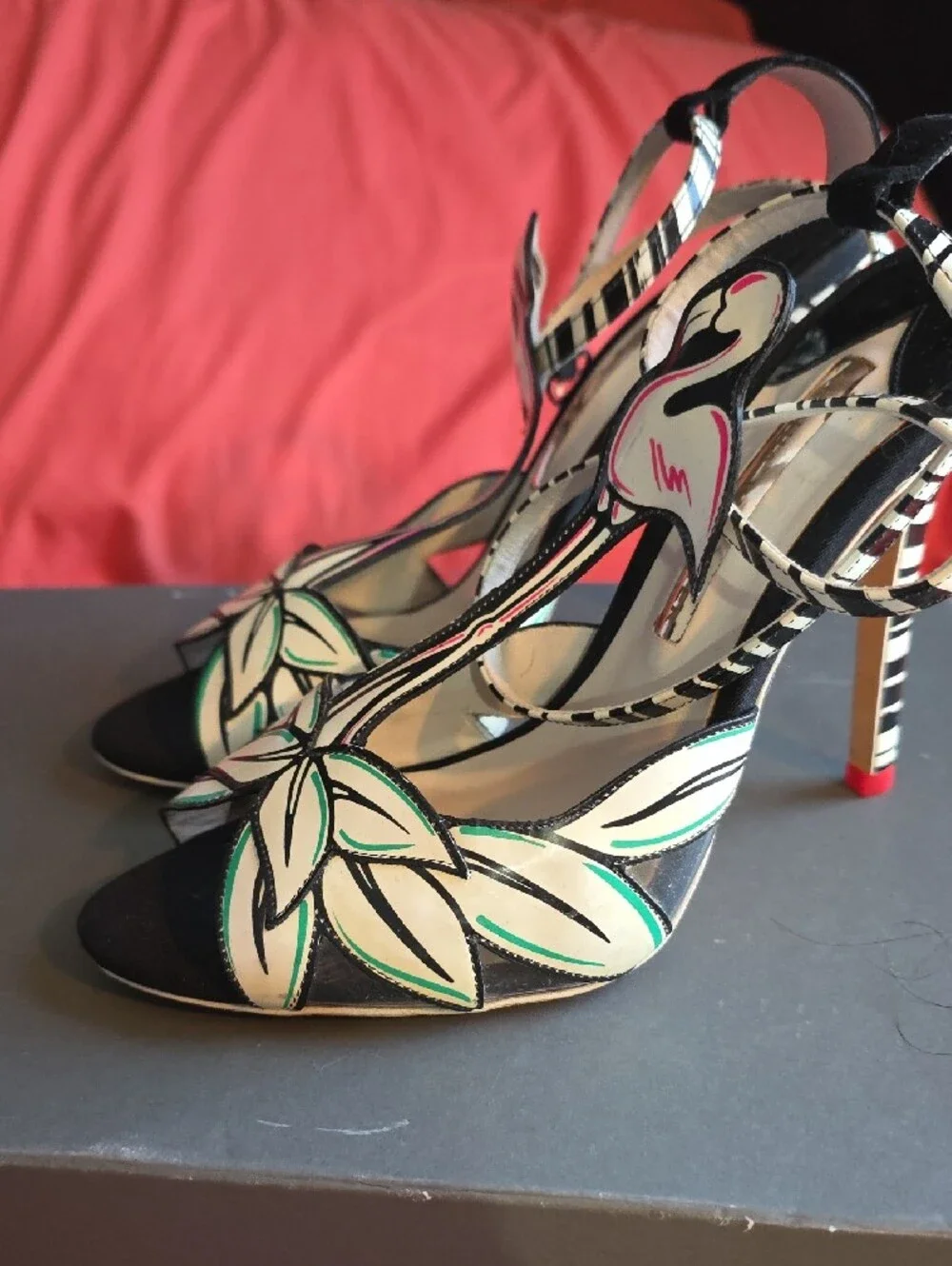 Sophia Webster White/Black Leather and Suede Flamingo T Strap